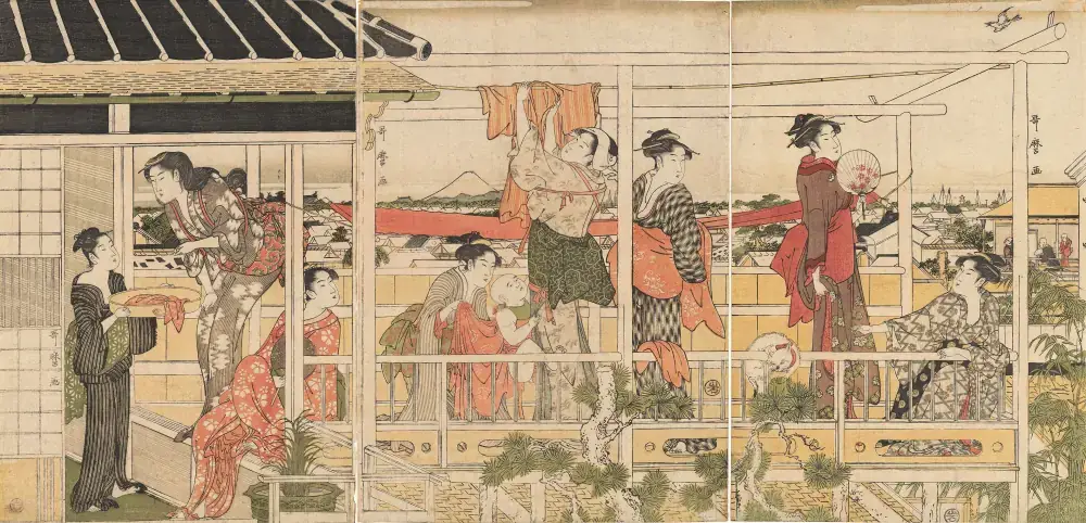 JapaneseUkiyoe Drying clothes. Woodblock print by Kitagawa Utamaro CBL J 25