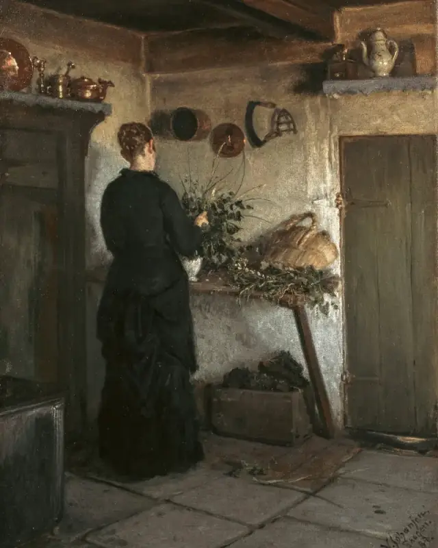 Kitchen Interior The Artists Wife Arranging Flowers Viggo Johansen 1884