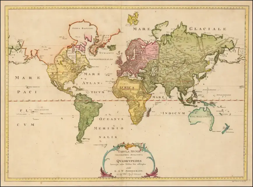 maps 1783 map of the world showing the distribution of mammals
