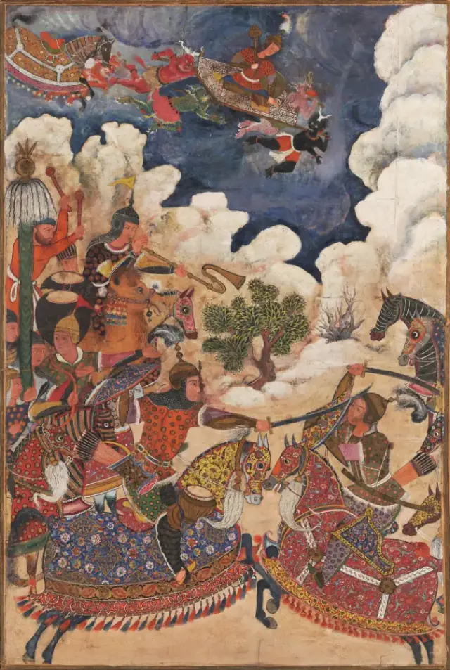persian Hamzas son Ibrahim rides into a battle on a demon-drawn char